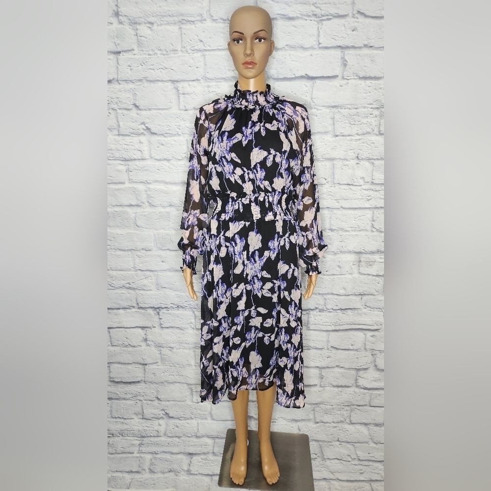 NWT o.p.t Womens purple floral print smocked Midi dress Sz S